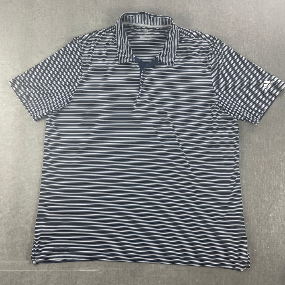 Adidas Mens XXL Navy Blue Striped Golf Polo Shirt Performance Short Sleeve